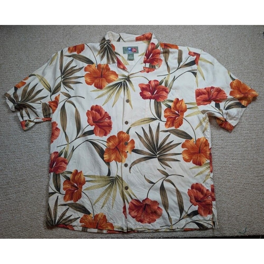 Hilo Hattie Hawaiian Silk Aloha Shirt Large Floral Orange Red Hibiscus Tropical